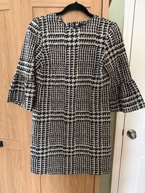 Zara Black and White Plaid Mini Dress with Bell Sleeves